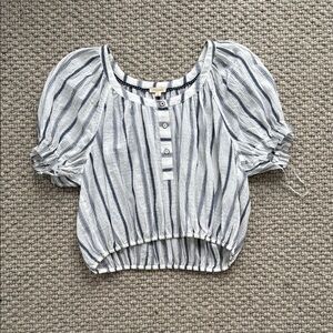 Anthropologie White and Blue Puff Sleeve Crop Blouse